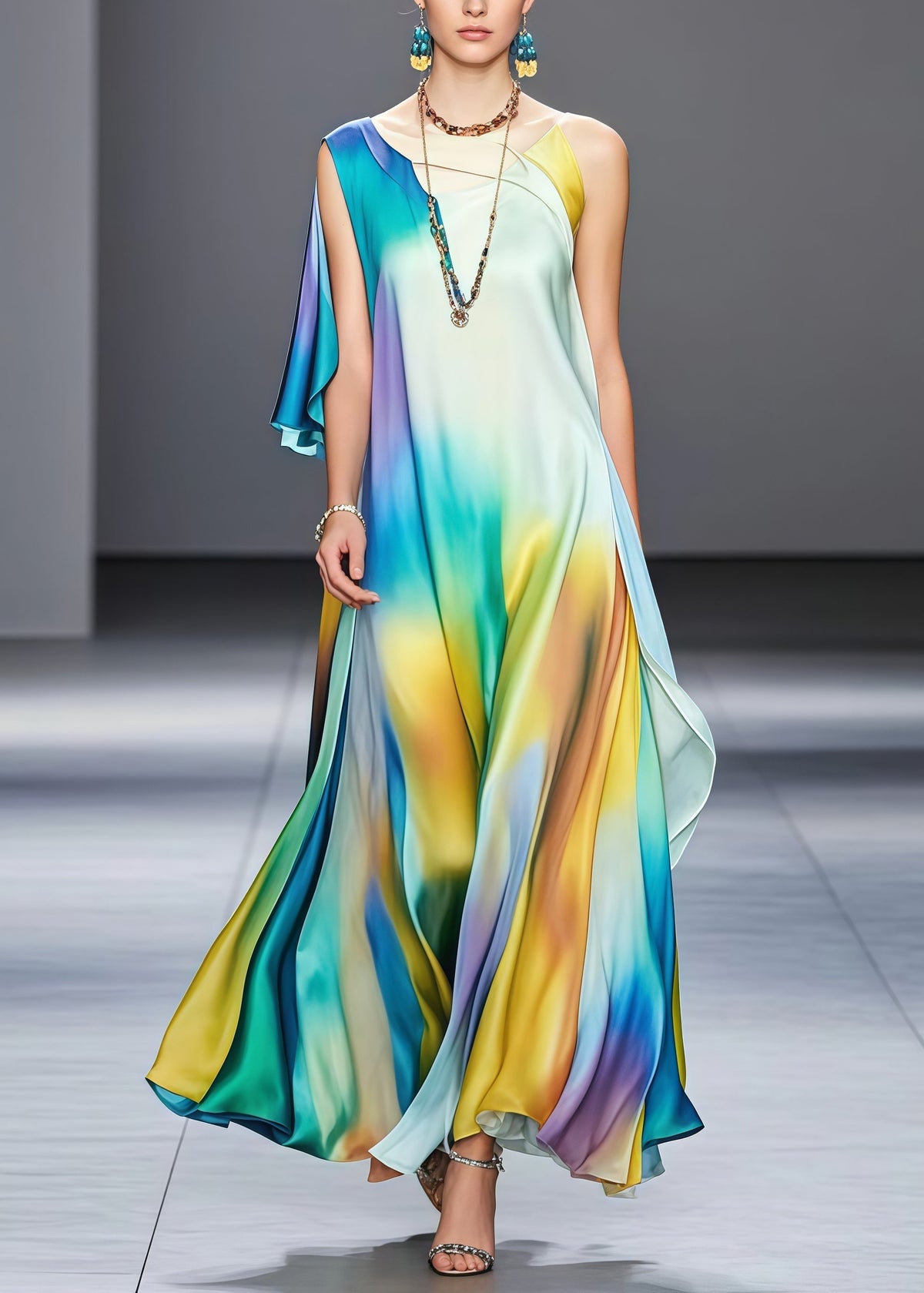 Tie Dye Round Neck Flutter Sleeve High Split Silk Maxi Dress - View 3