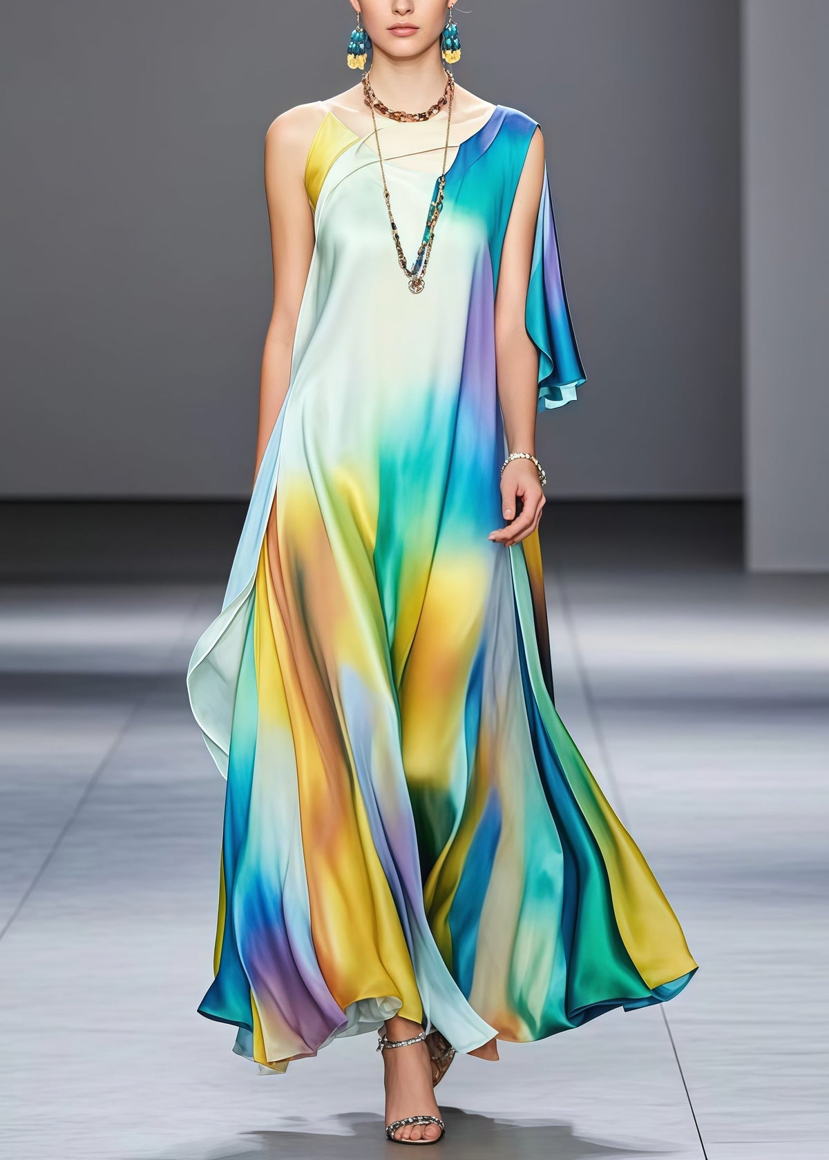 Tie Dye Round Neck Flutter Sleeve High Split Silk Maxi Dress - View 5