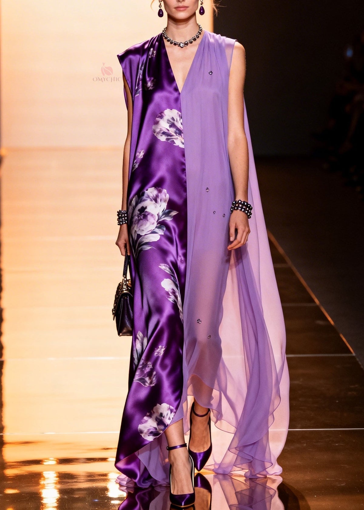 Floral Satin Beaded Chiffon Split Panel Deep V-Neck Maxi Gown