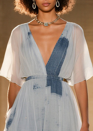 Patchwork Tulle Deep V-Neck Flutter Sleeve Belted Mini Dress - View 2
