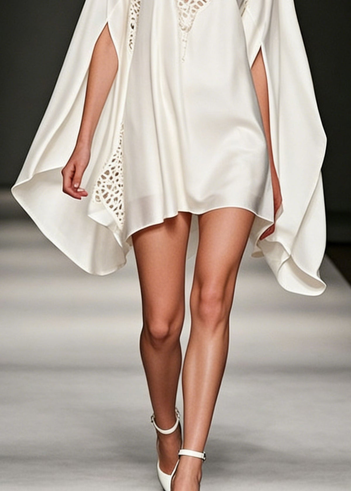 Asymmetrical Lace Cut Out Chiffon Cape Sleeve Flowy Mini Dress - View 4