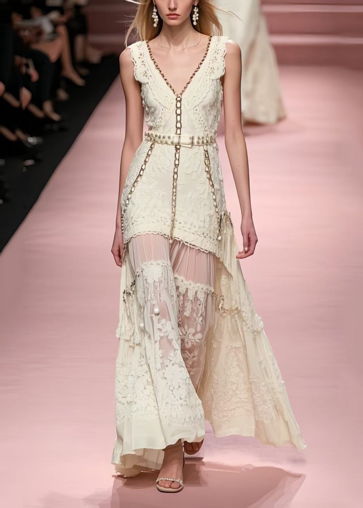Lace V-Neck Chain Trim Belted Pearl Detail Layered Sheer Maxi Gown - View 3