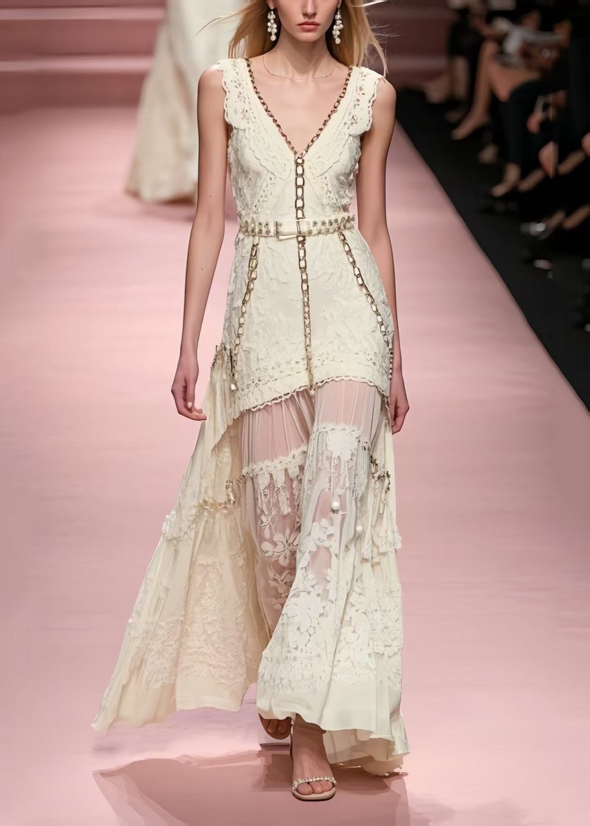 Lace V-Neck Chain Trim Belted Pearl Detail Layered Sheer Maxi Gown - View 5