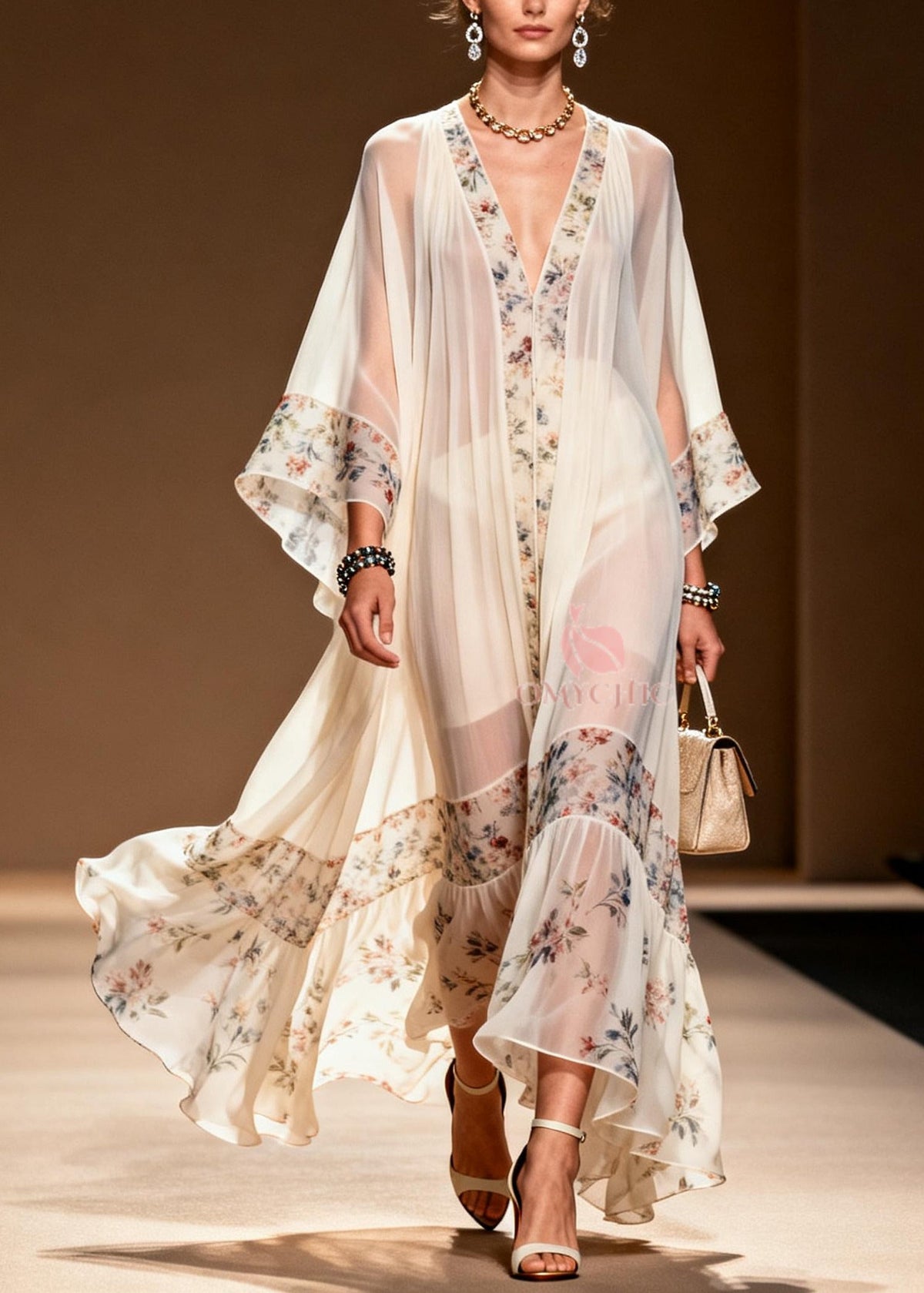Sheer Chiffon Floral Border Deep V-Neck Sleeve Gathered Maxi Gown