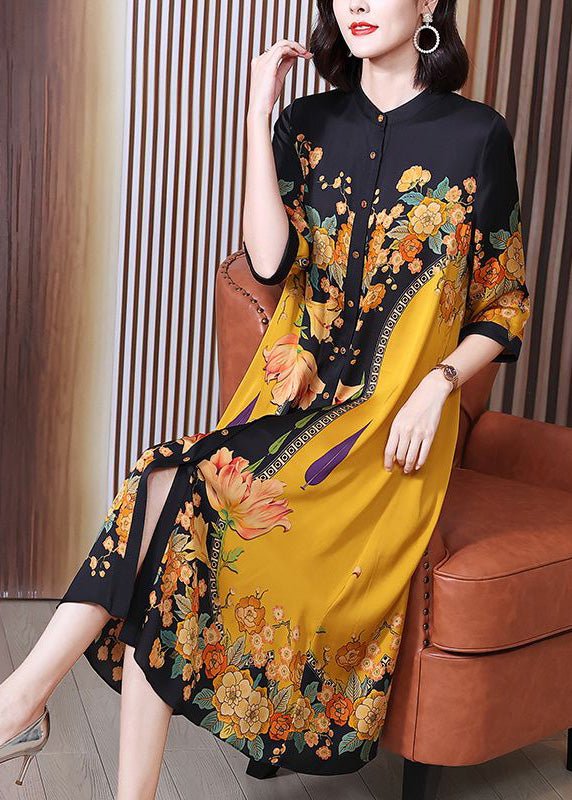 Floral Print Mandarin Collar Button Down Three Quarter Midi Dress