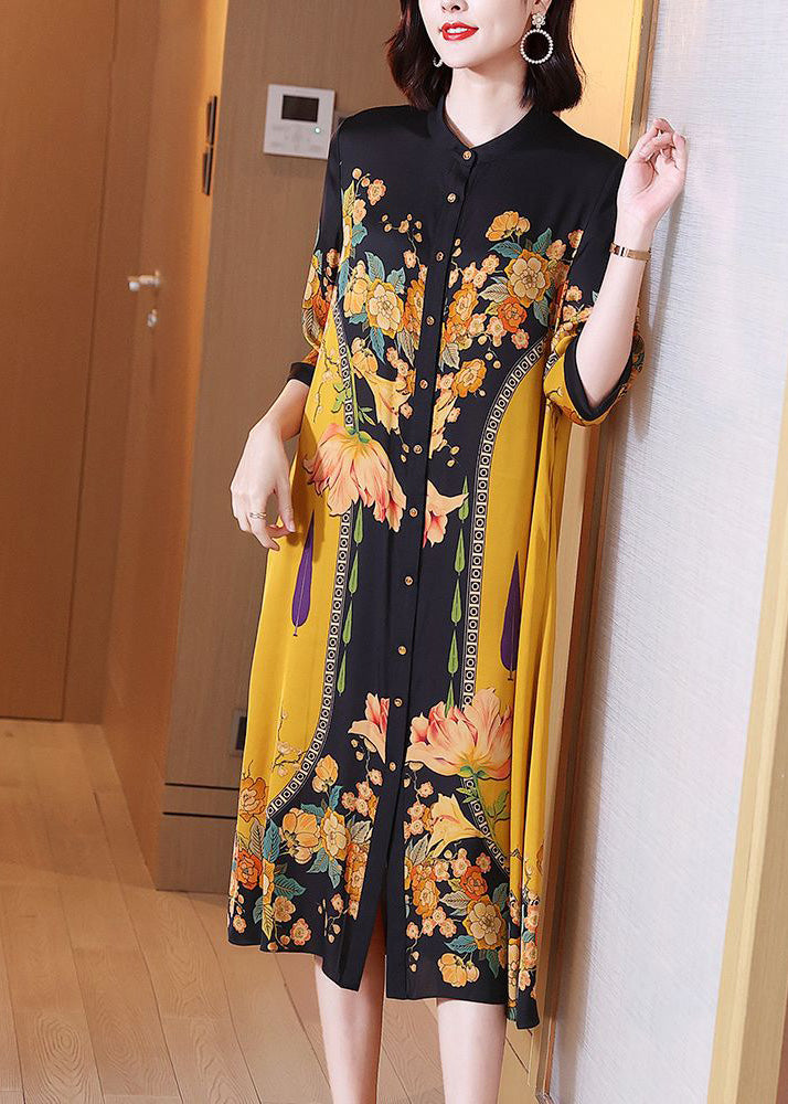 Floral Print Mandarin Collar Button Down Three Quarter Midi Dress - View 2
