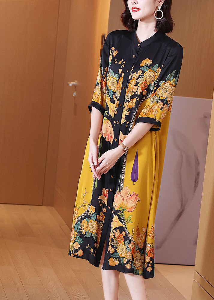 Floral Print Mandarin Collar Button Down Three Quarter Midi Dress - View 3