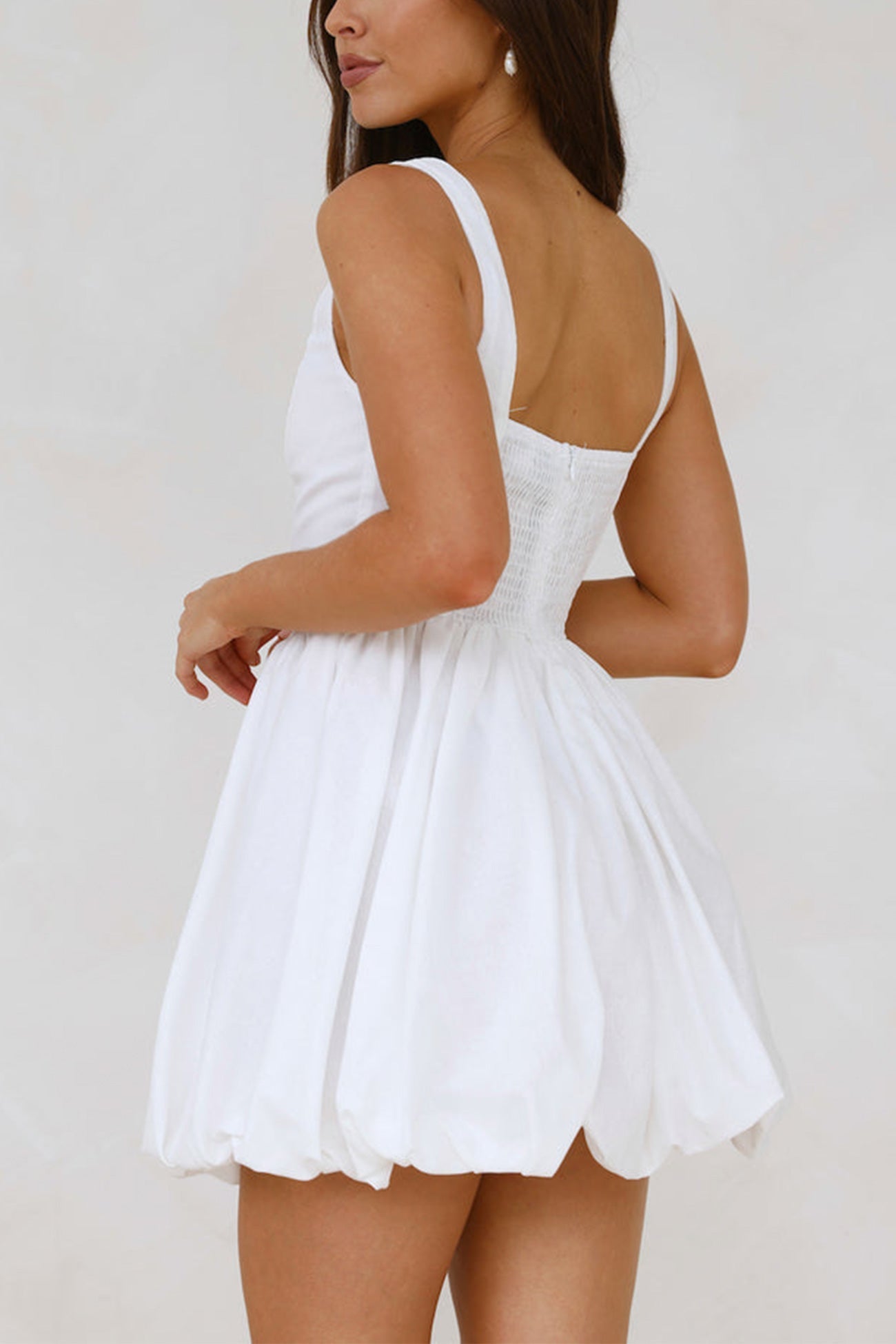 Fishbone Waist Cinched White Mini Dress - Fashionpara