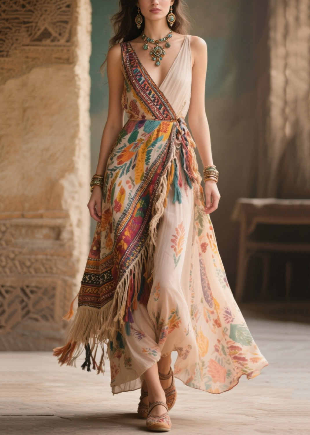 Fringe Trim Patchwork Wrap Spaghetti Strap Deep V-Neck Maxi Dress
