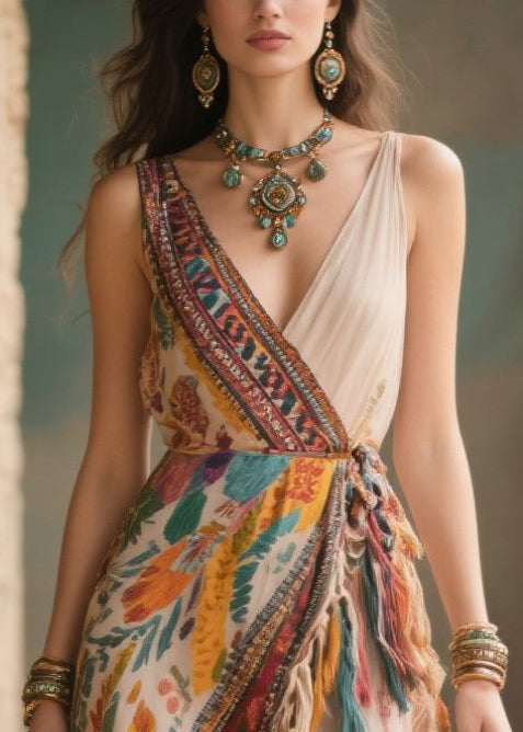 Fringe Trim Patchwork Wrap Spaghetti Strap Deep V-Neck Maxi Dress - View 2