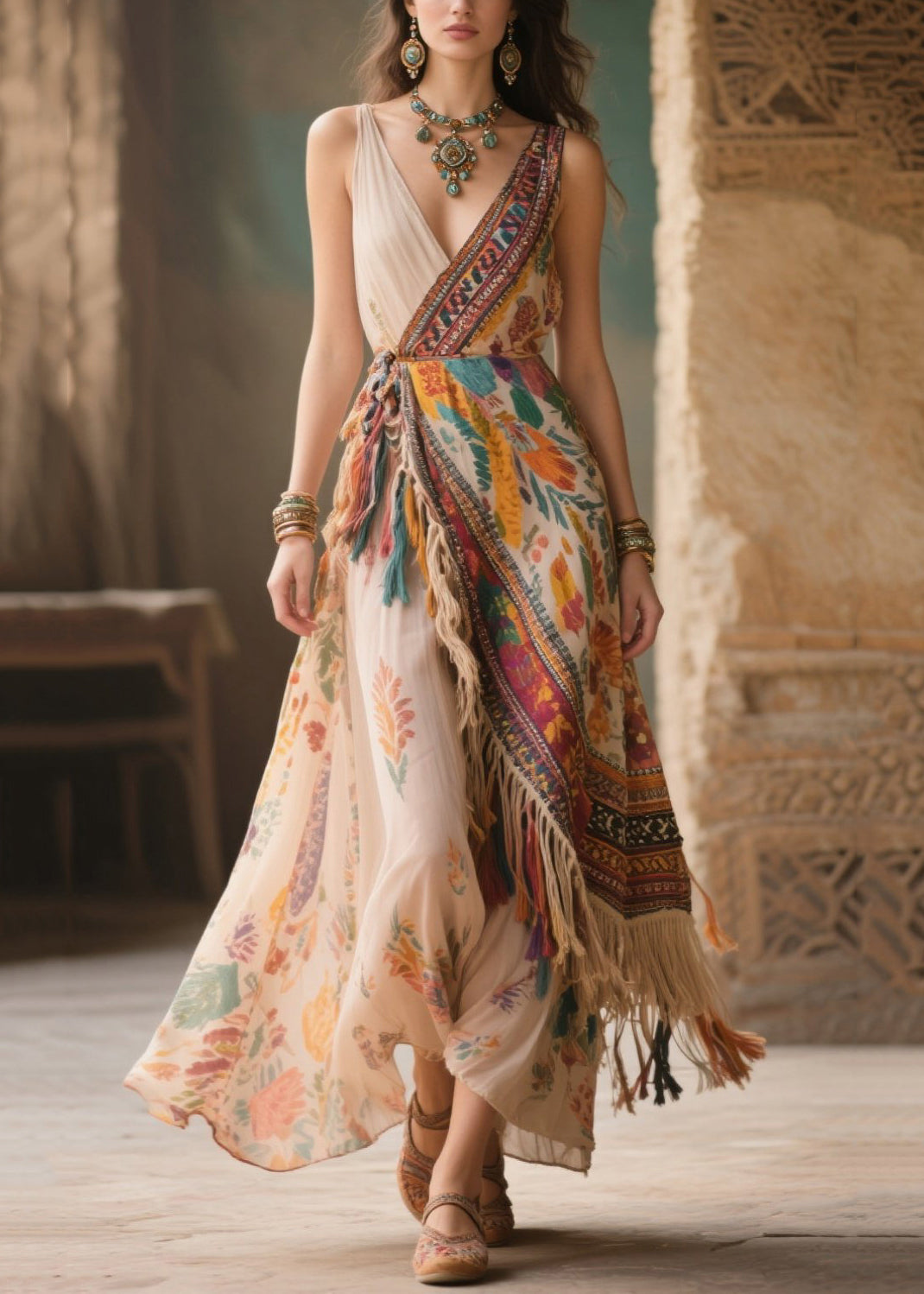 Fringe Trim Patchwork Wrap Spaghetti Strap Deep V-Neck Maxi Dress - View 3