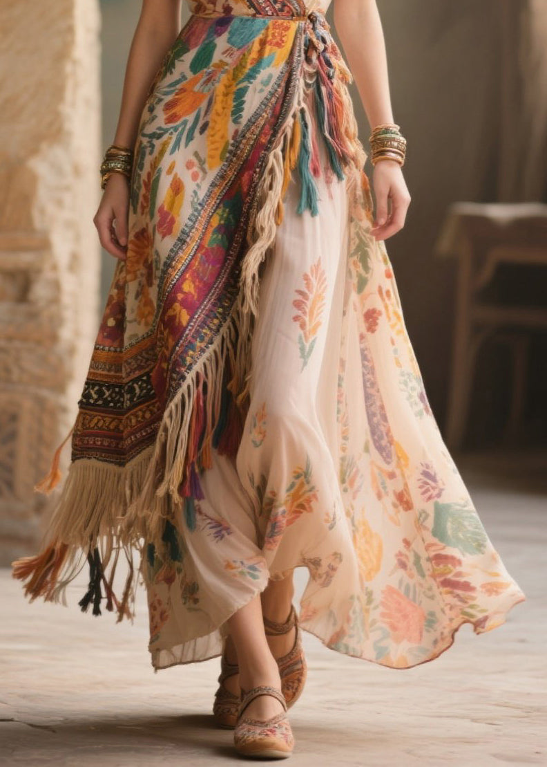 Fringe Trim Patchwork Wrap Spaghetti Strap Deep V-Neck Maxi Dress - View 4