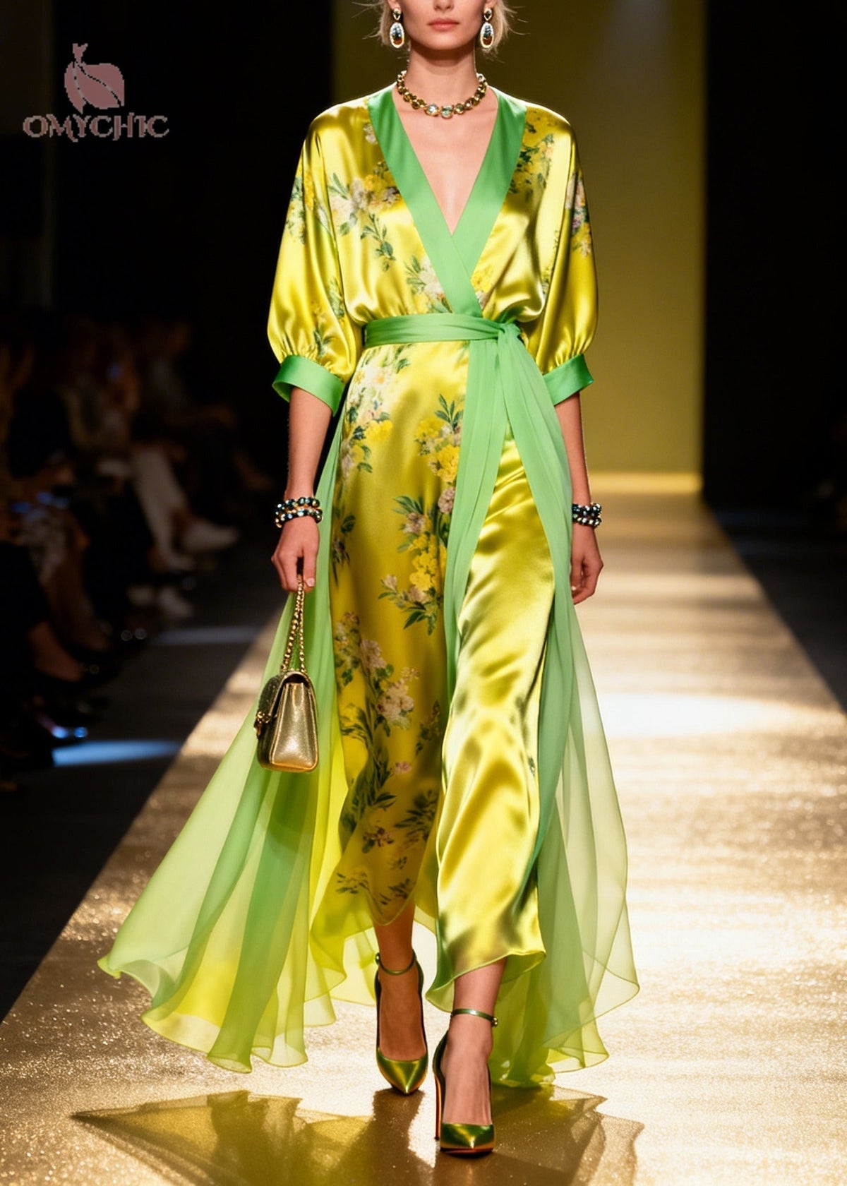 Floral Print Wrap V-Neck Contrast Trim Belted Sheer Maxi Dress