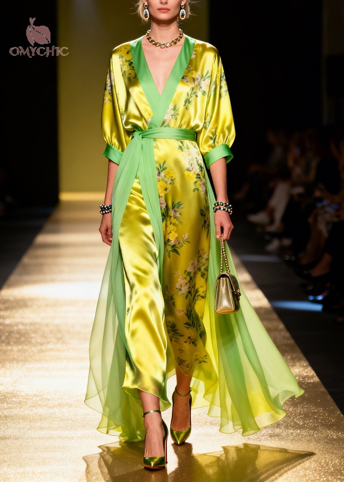 Floral Print Wrap V-Neck Contrast Trim Belted Sheer Maxi Dress - View 3