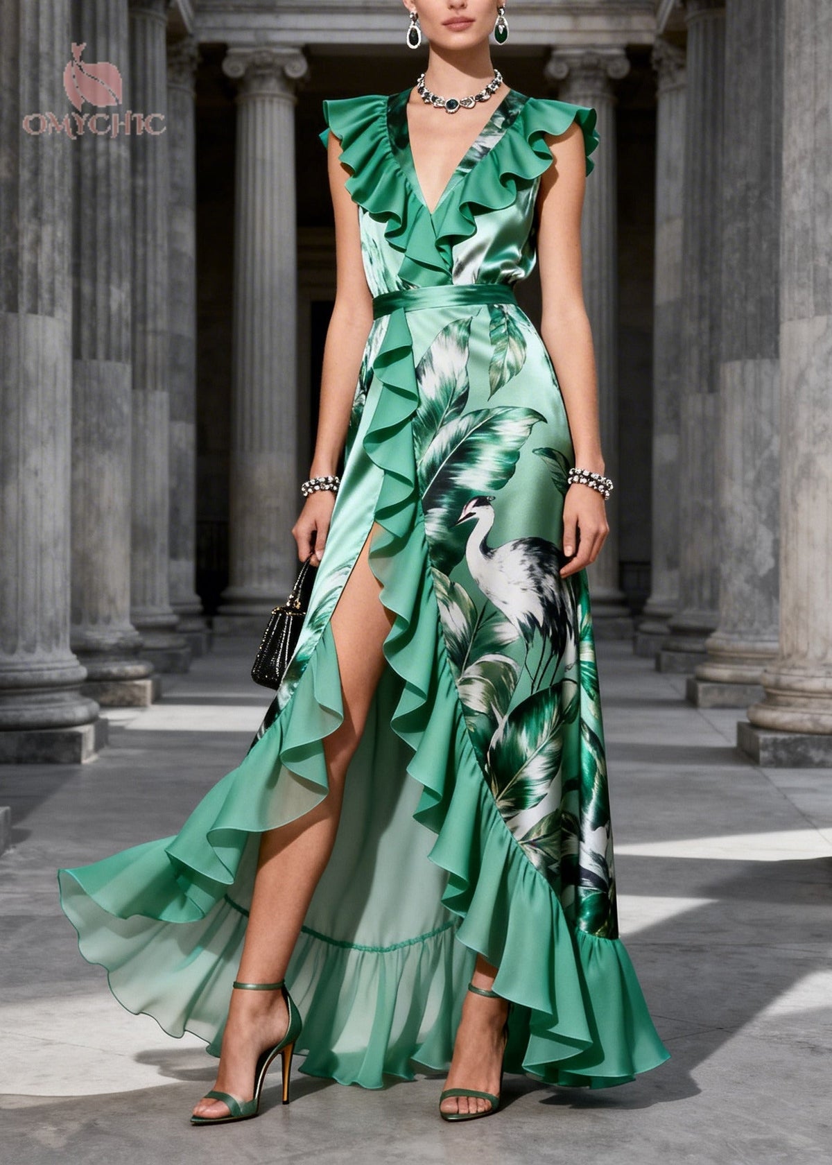 Fitted Green Ruffled Print Side Open Chiffon Party Dress Sleeveless