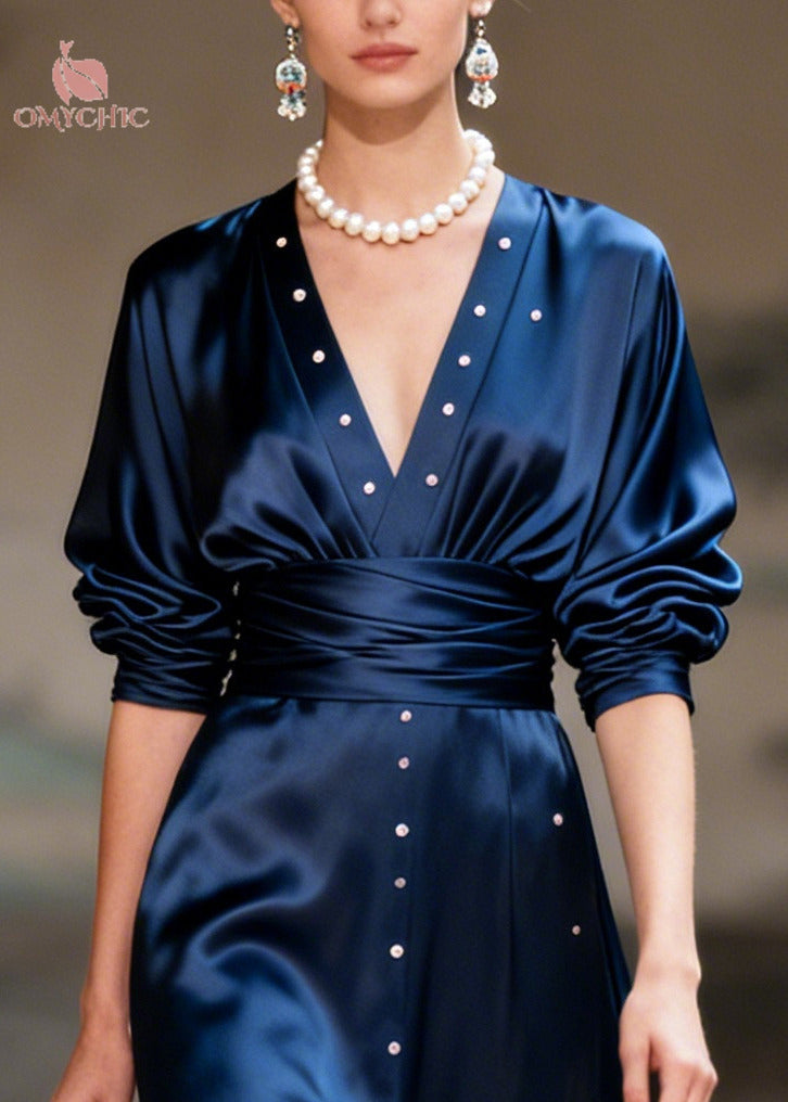 Satin Deep V-Neck Long Sleeve Ruched Waist Stud Front Maxi Gown - View 2