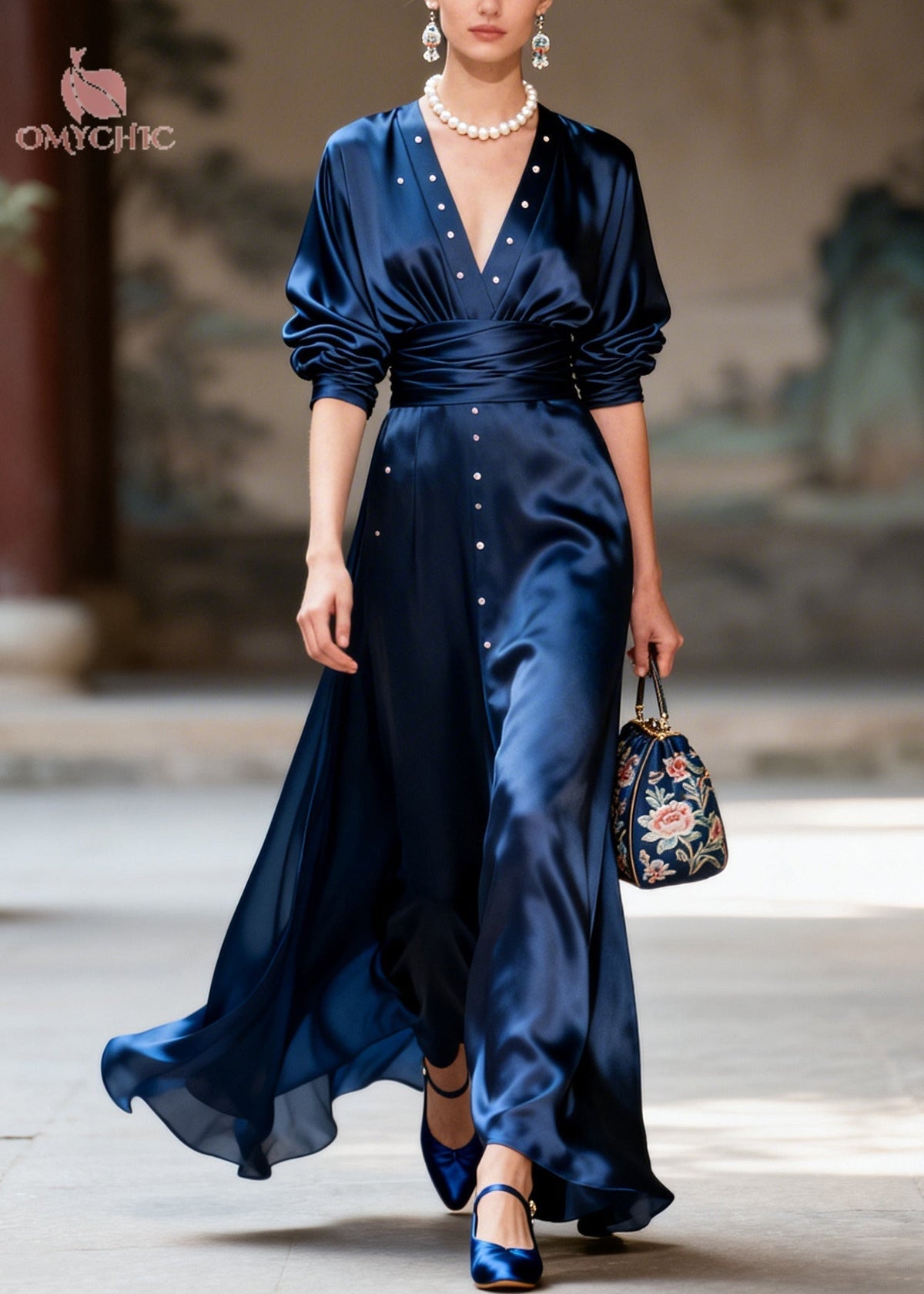 Satin Deep V-Neck Long Sleeve Ruched Waist Stud Front Maxi Gown - View 3
