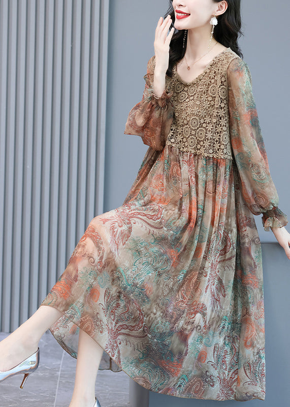 Paisley Print Crochet Lace Bodice Ruffle Cuff Midi Dress - View 3