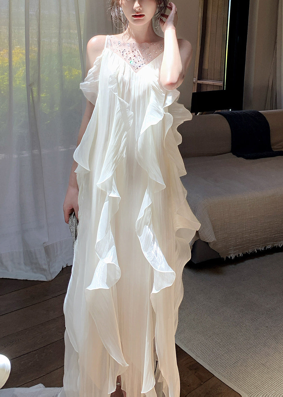 Fitted White Ruffled Patchwork Rhinestone Chiffon Long Dresses Summer - View 2