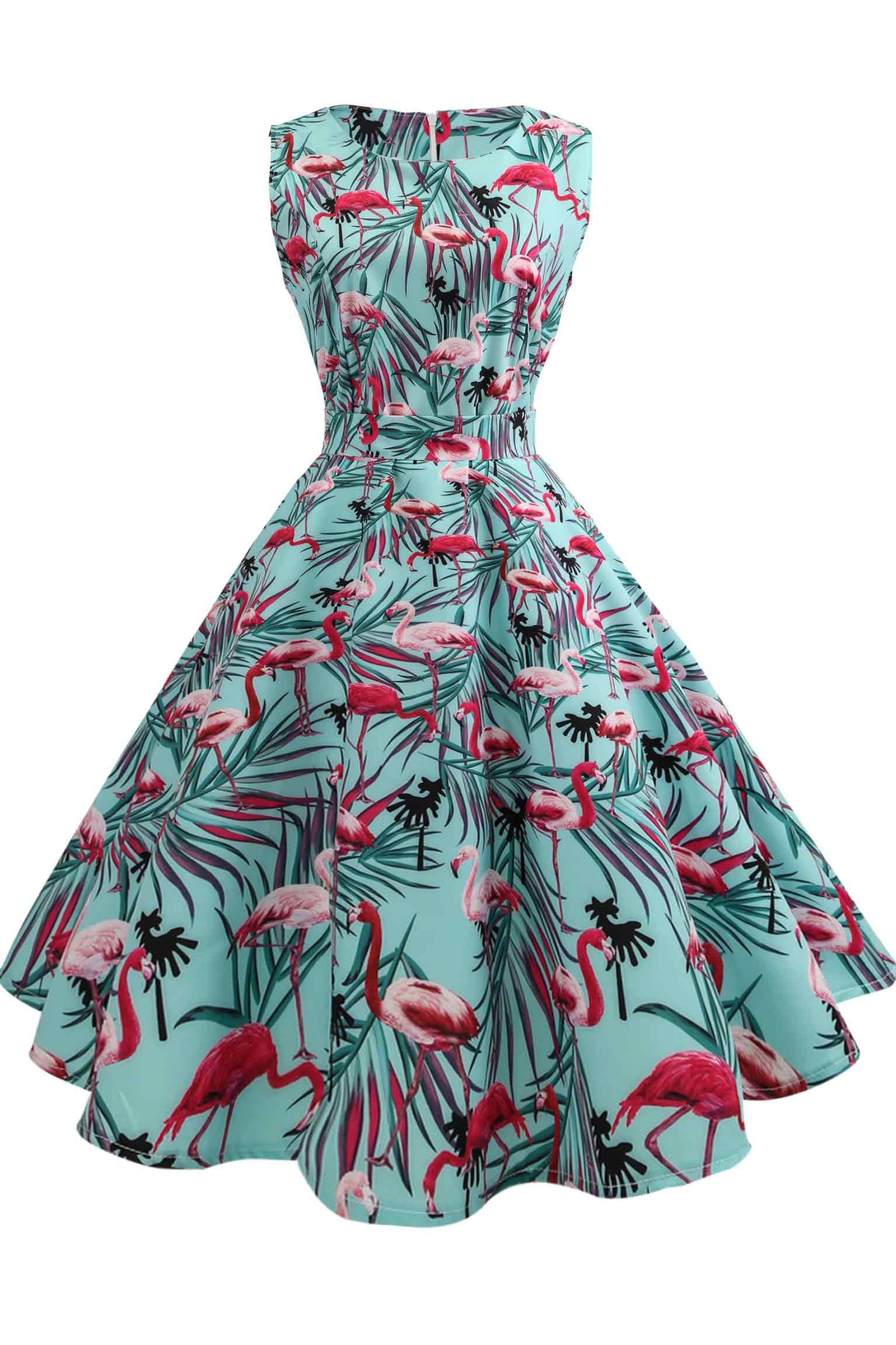 Flamingo Print Vintage Sleeveless A-line Dress - Mislish