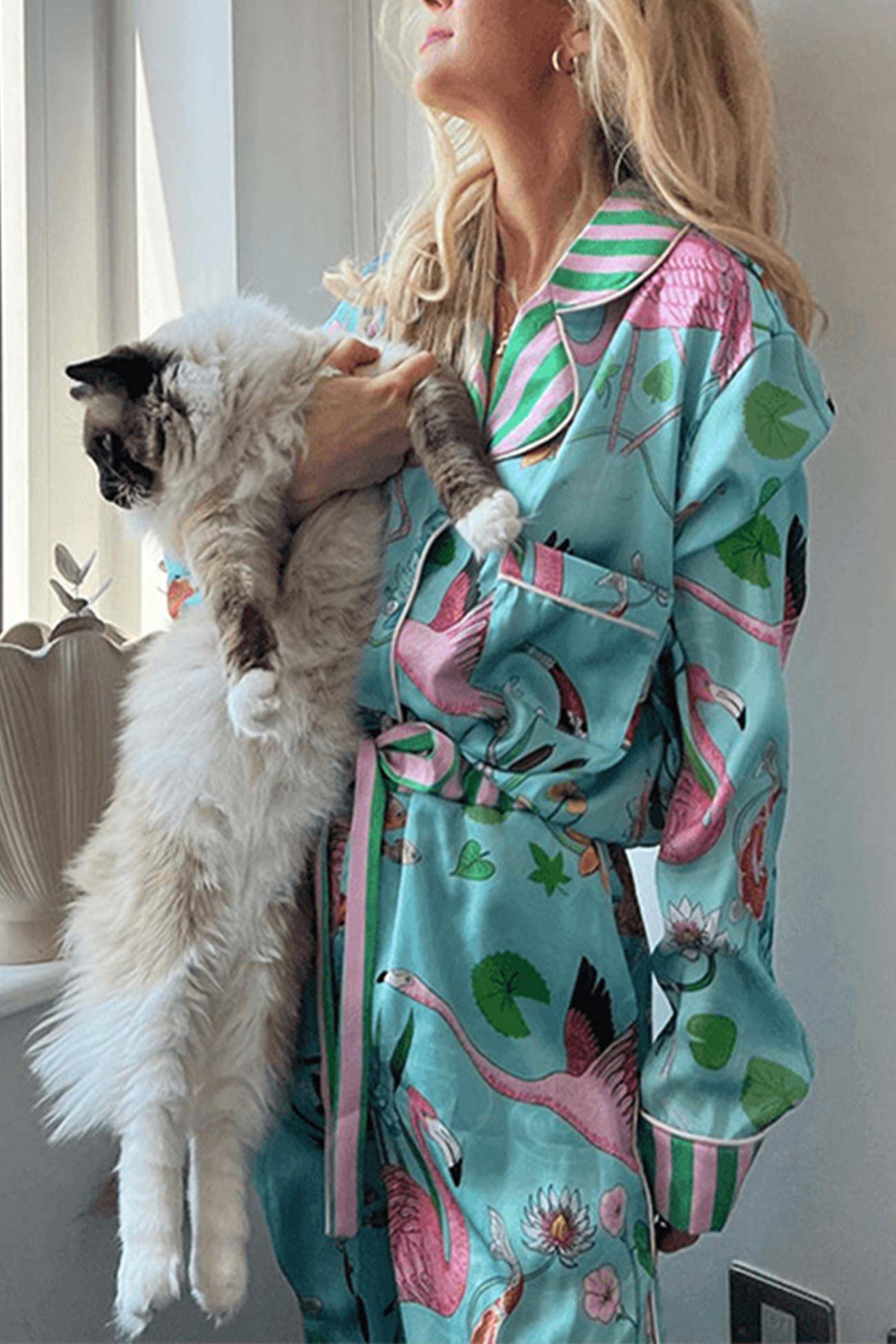 Flamingo Print Long Sleeve Lace Up Pants Loungewear