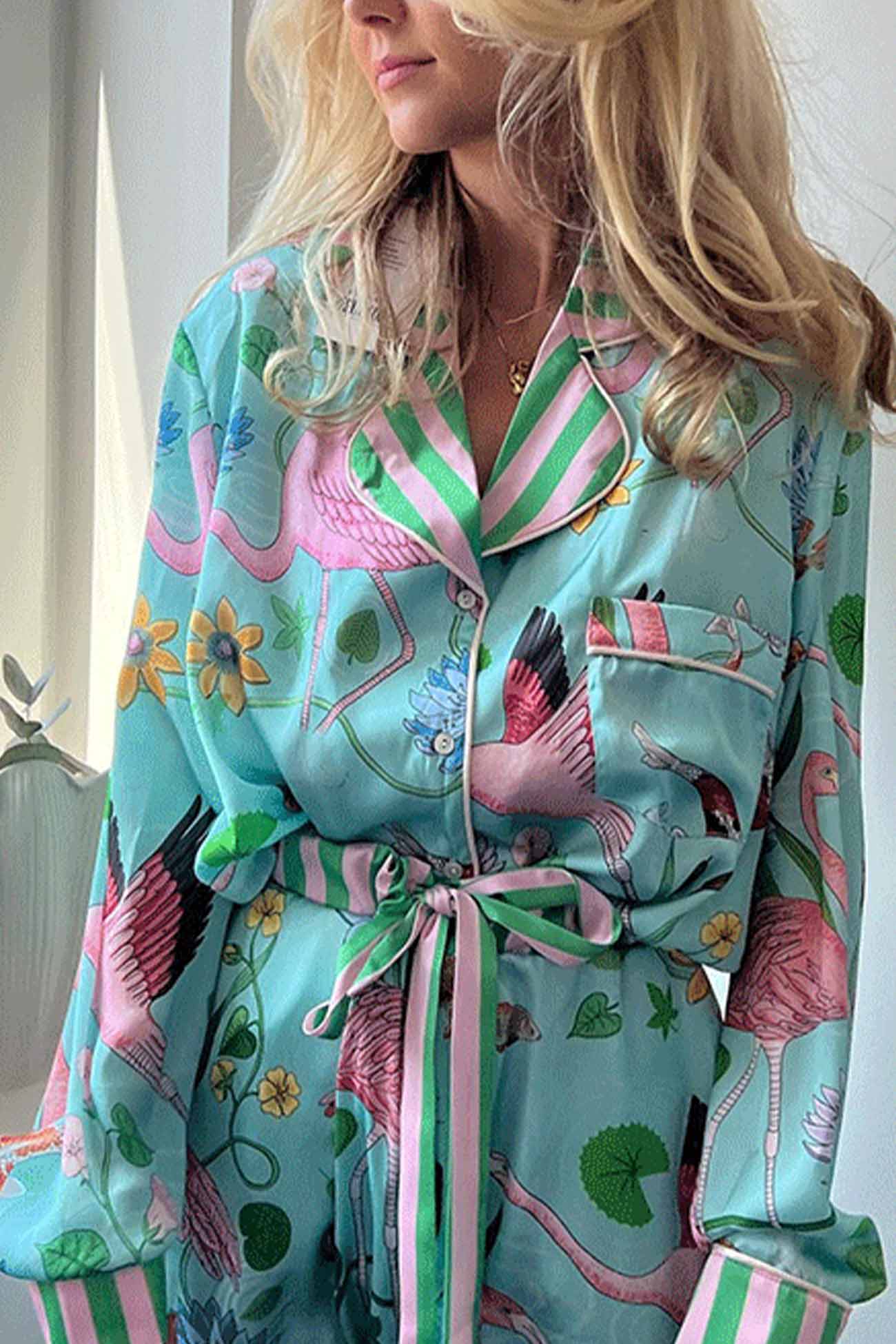 Flamingo Print Long Sleeve Lace Up Pants Loungewear