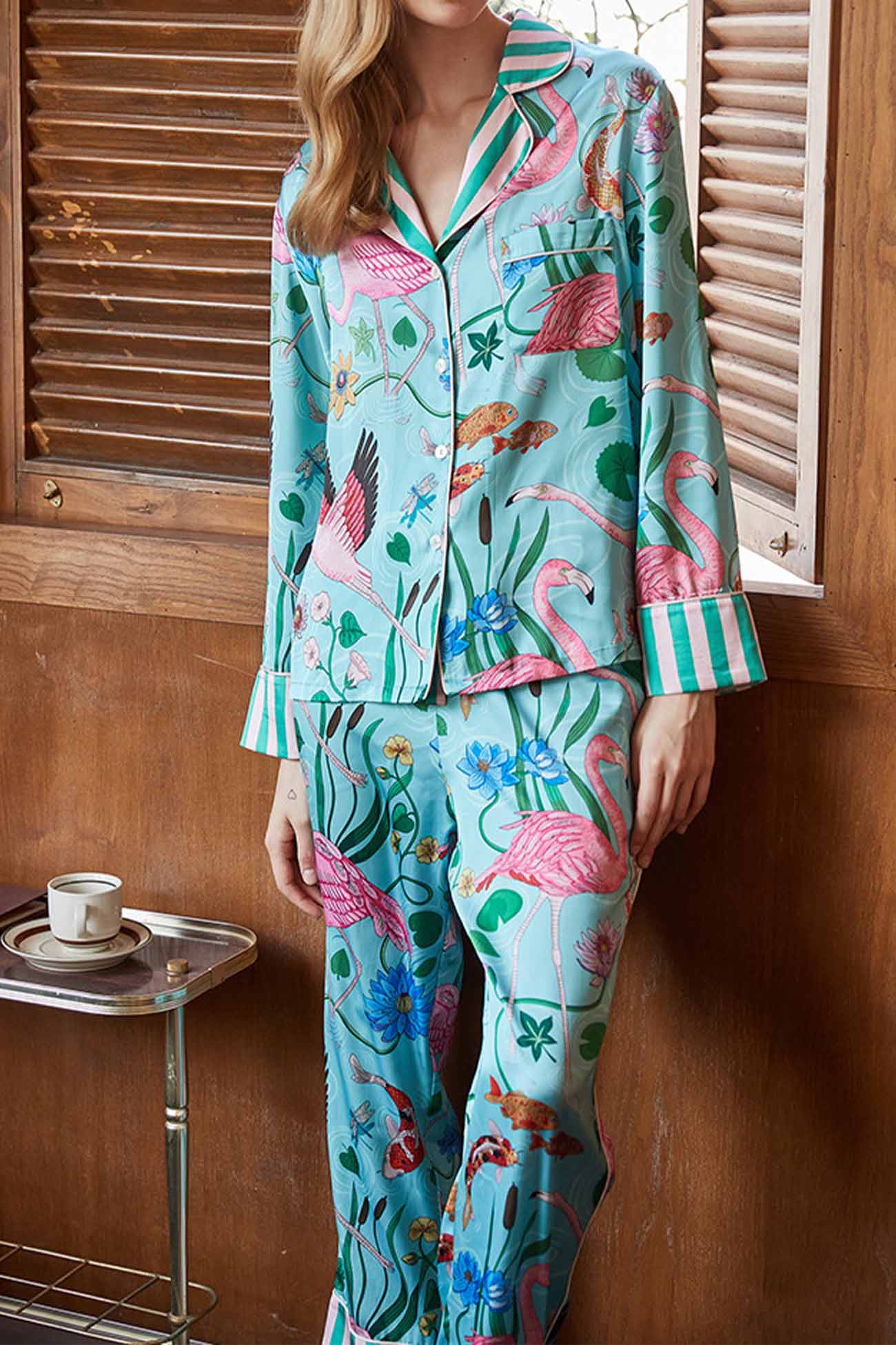 Flamingo Print Long Sleeve Lace Up Pants Loungewear