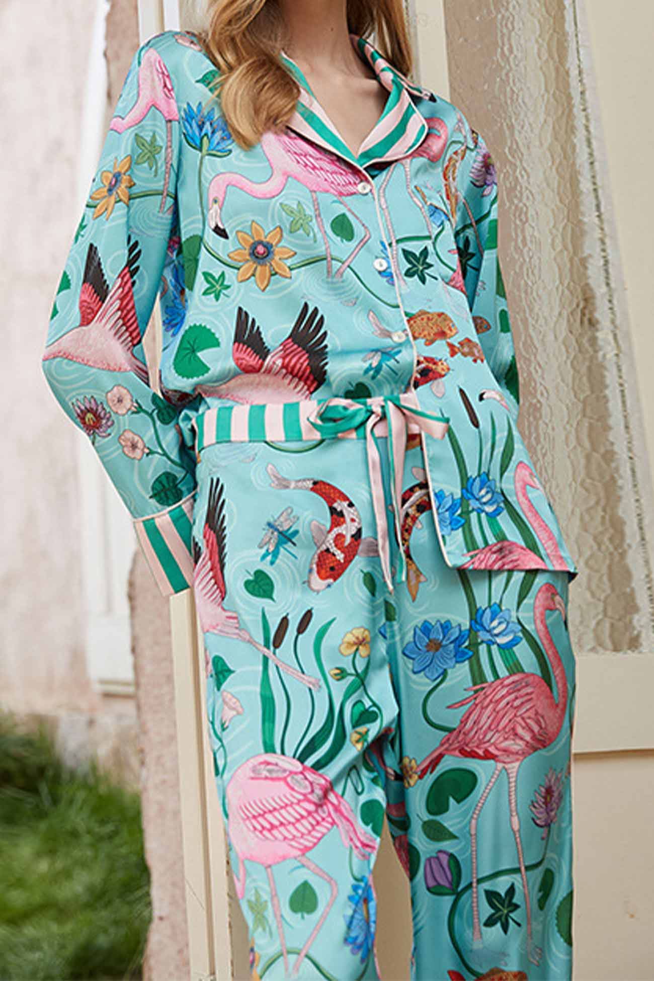 Flamingo Print Long Sleeve Lace Up Pants Loungewear