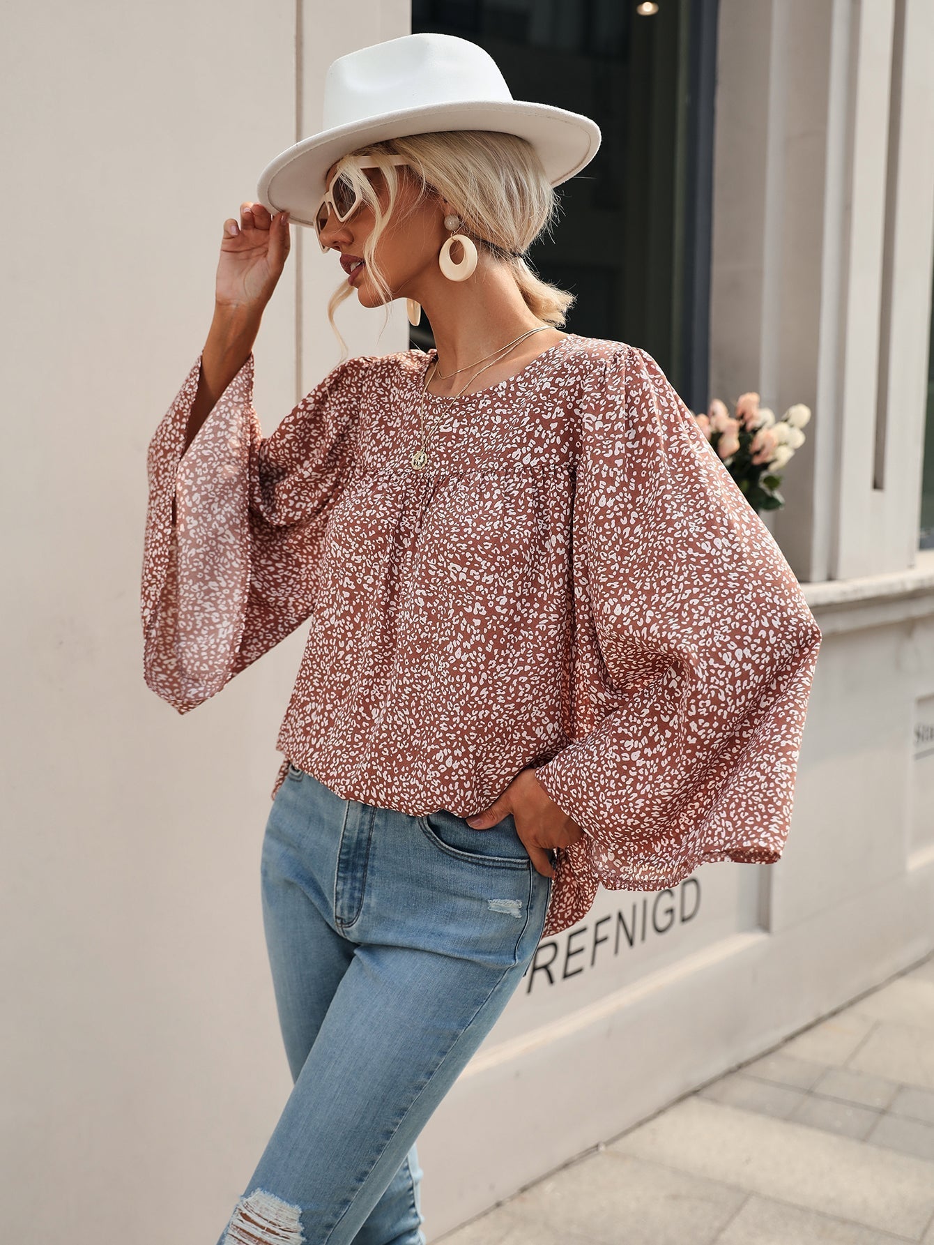 Flare Sleeve Disty Floral Blouse - Fashionpara
