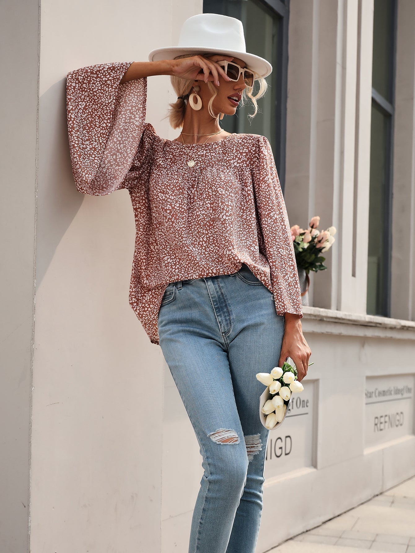 Flare Sleeve Disty Floral Blouse - Fashionpara