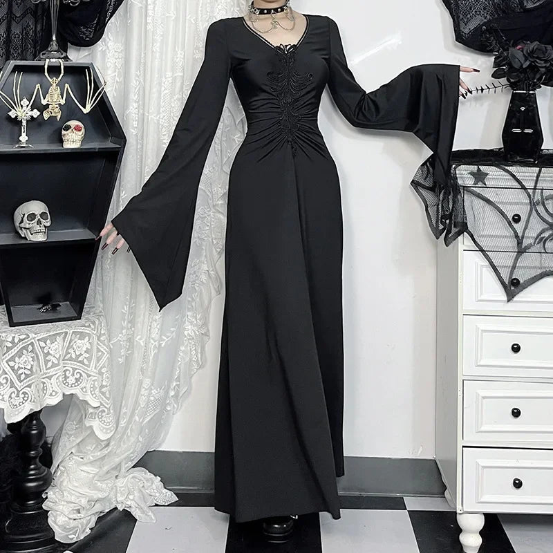 Wide Sleeve Sorceress Plunging Neckline Full-Length Gown