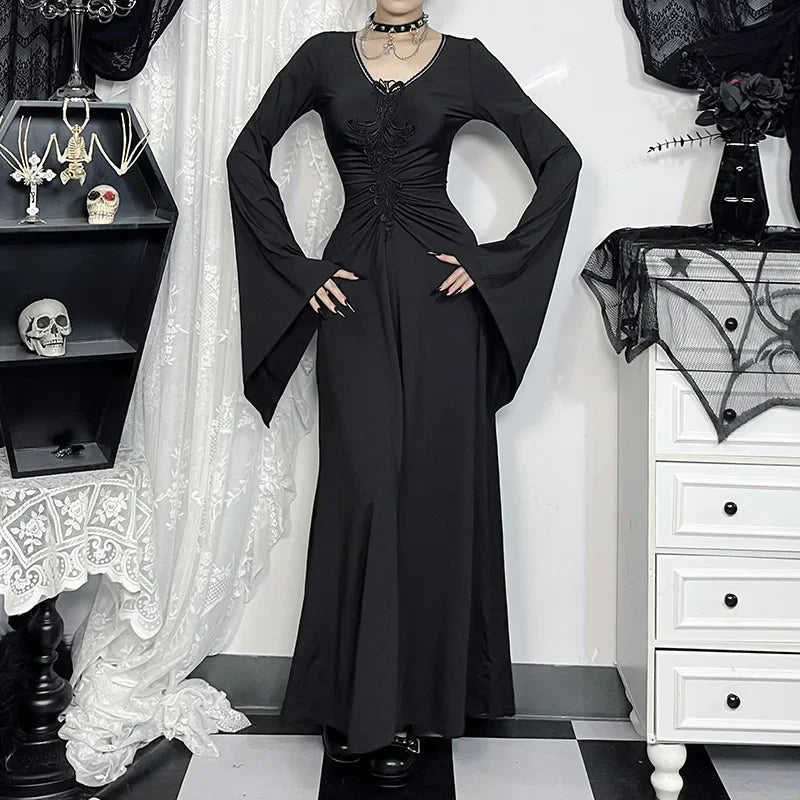 Wide Sleeve Sorceress Plunging Neckline Full-Length Gown
