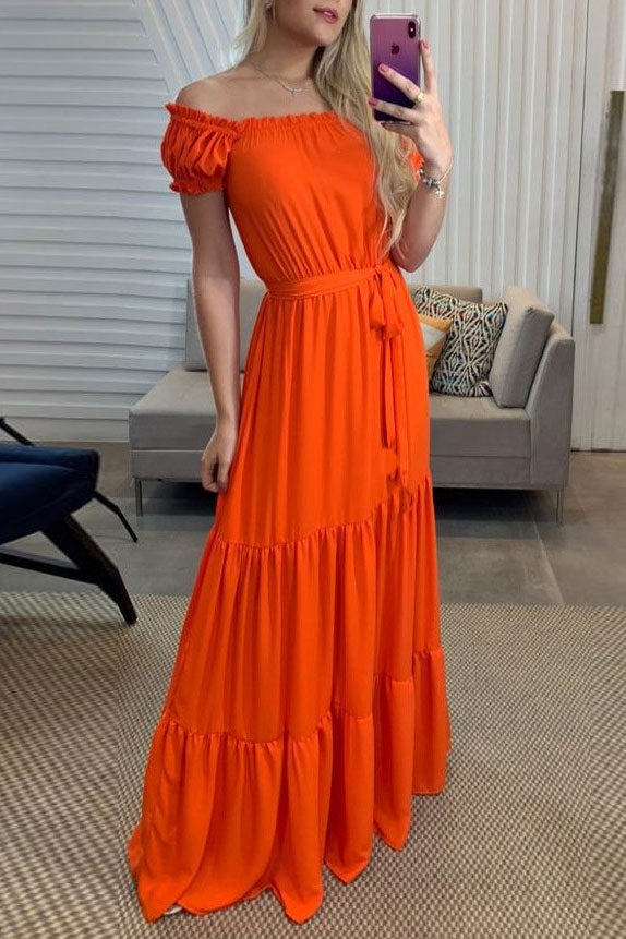 Floor Length Orange A-Line Maxi Dress