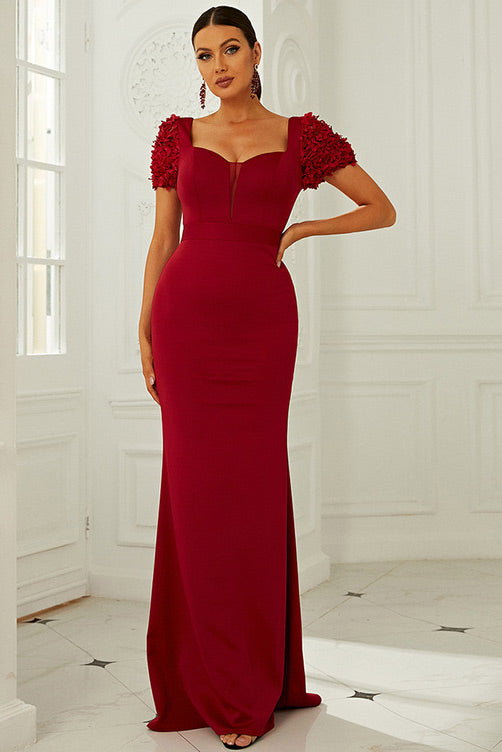 Floor Length Red Short Sleeve Prom Gown Evening Dress - Fashionpara