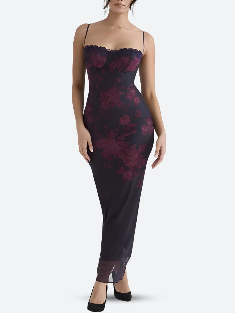 Floral Mesh Spaghetti Strap Lace Trim Bodycon Maxi Dress - View 2