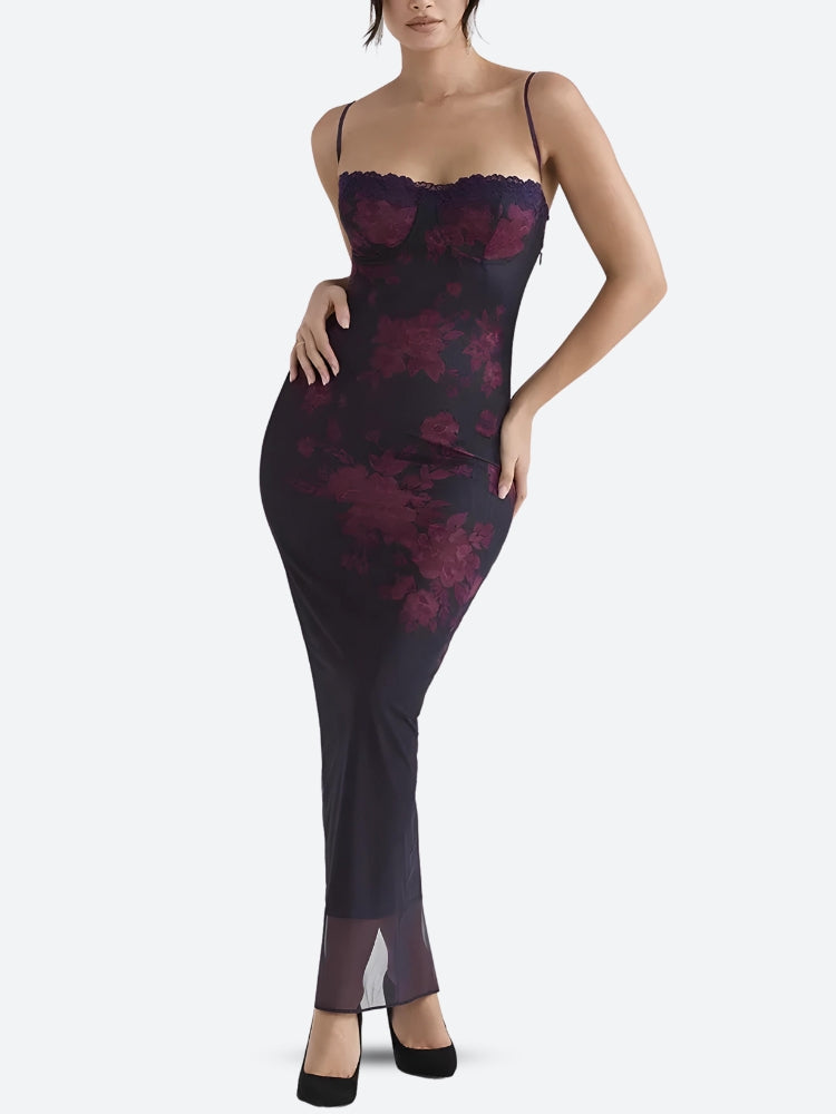 Floral Mesh Spaghetti Strap Lace Trim Bodycon Maxi Dress