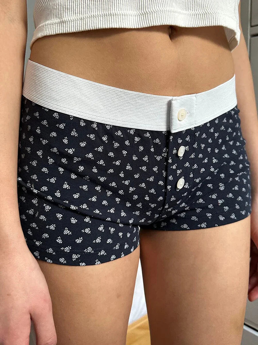 Floral Button Elastic Waist Short