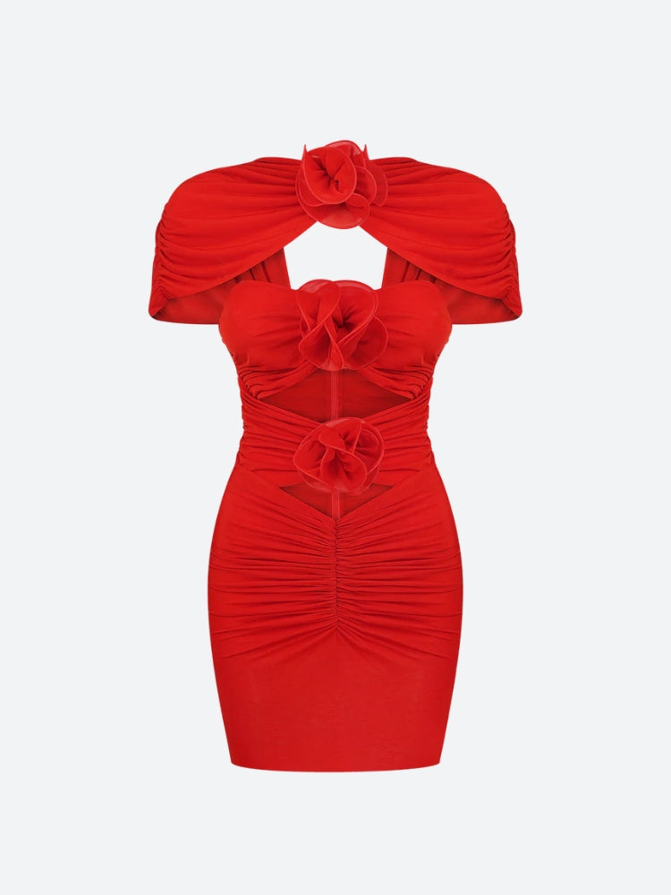 High Neck Short Sleeve Cut Out Flower Applique Bodycon Mini Dress - View 5