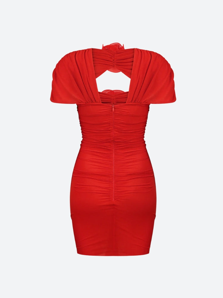 High Neck Short Sleeve Cut Out Flower Applique Bodycon Mini Dress - View 6