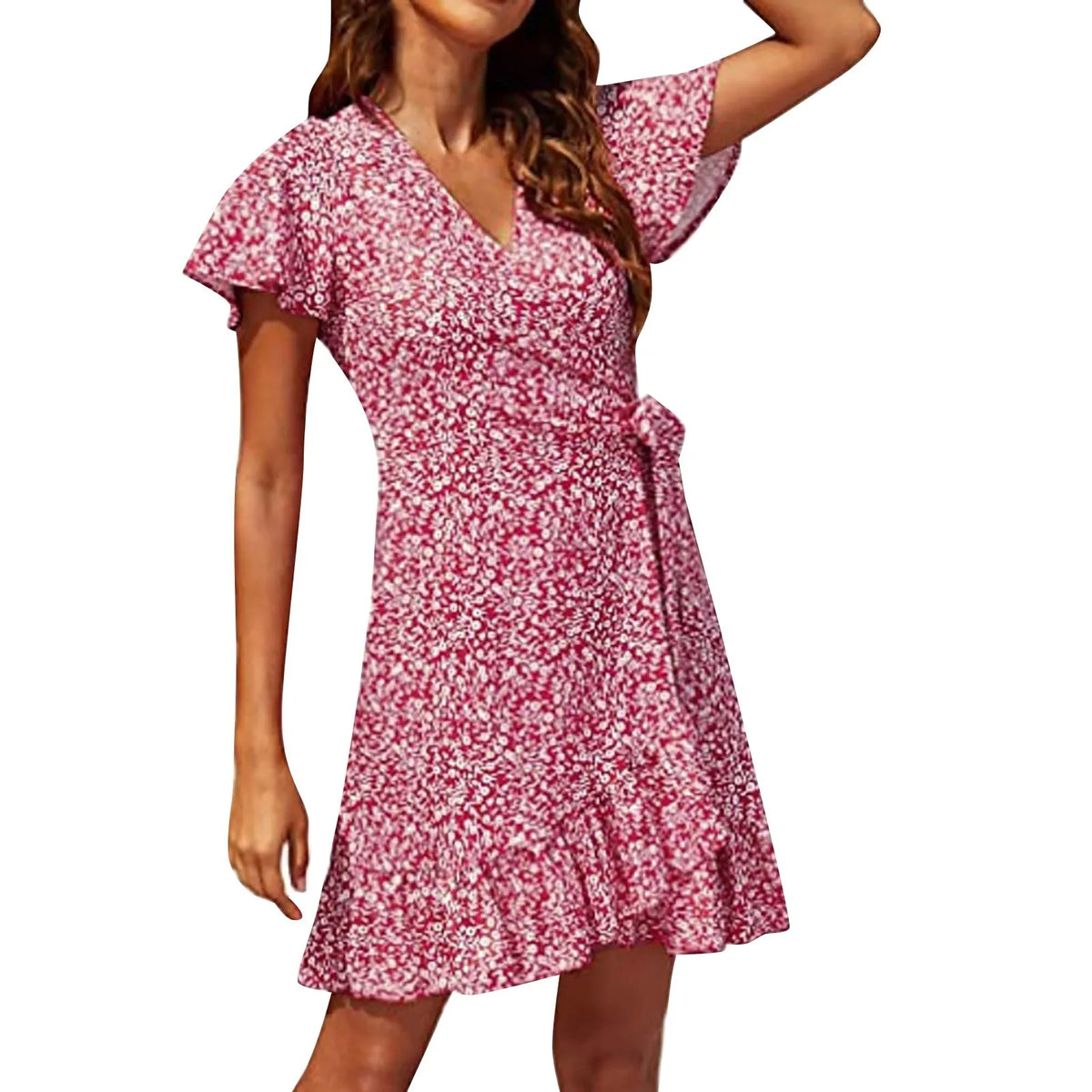 Floral Edge Short Sleeved High Waist Simple Ruffles Hem Short V Neck Holiday Vacation Casual Dress 5