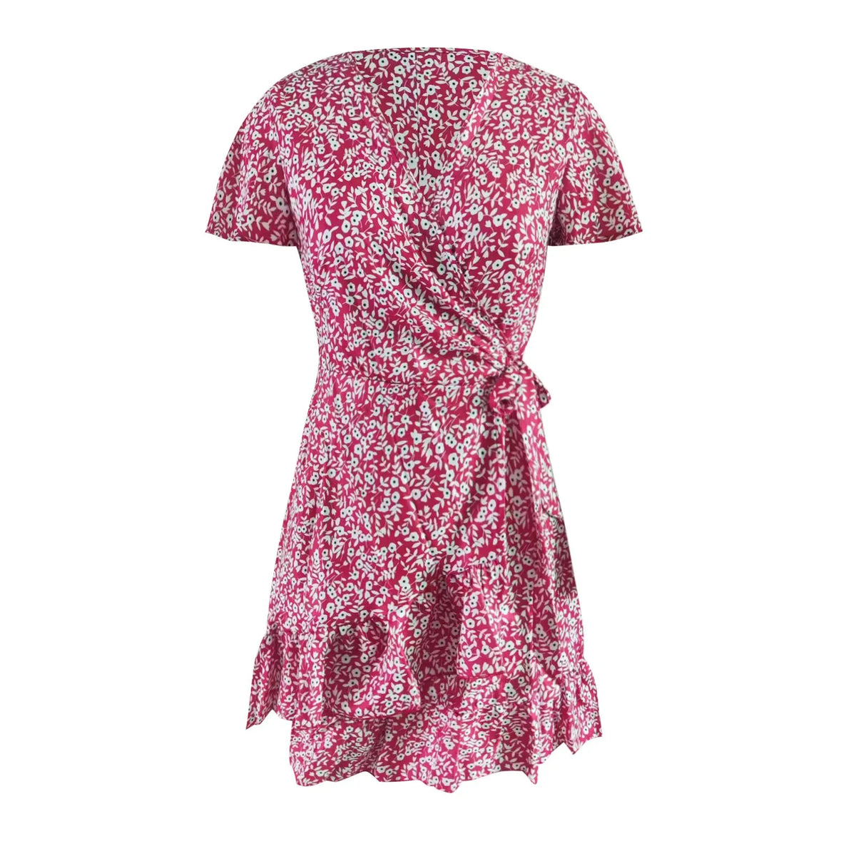 Floral Edge Short Sleeved High Waist Simple Ruffles Hem Short V Neck Holiday Vacation Casual Dress 3