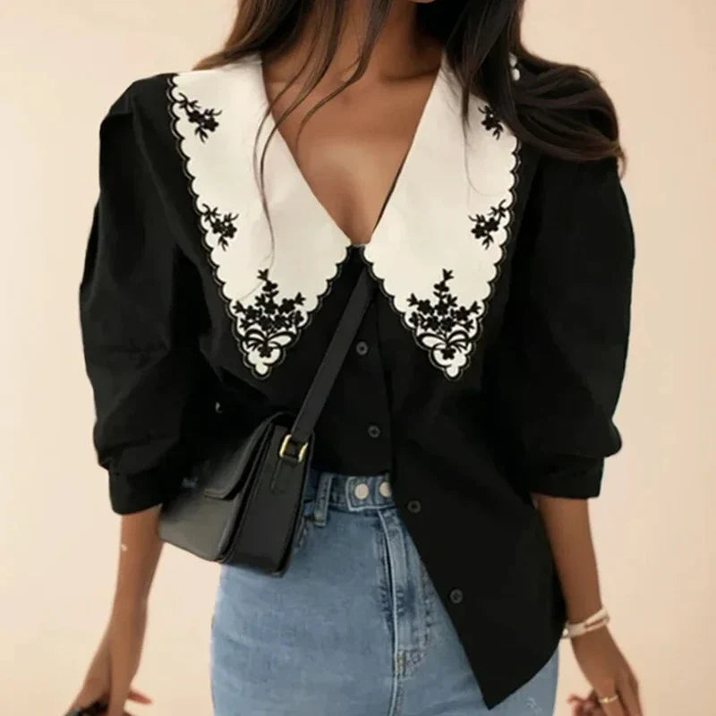 Floral Embroidery Half Sleeve White Vintage Blouse