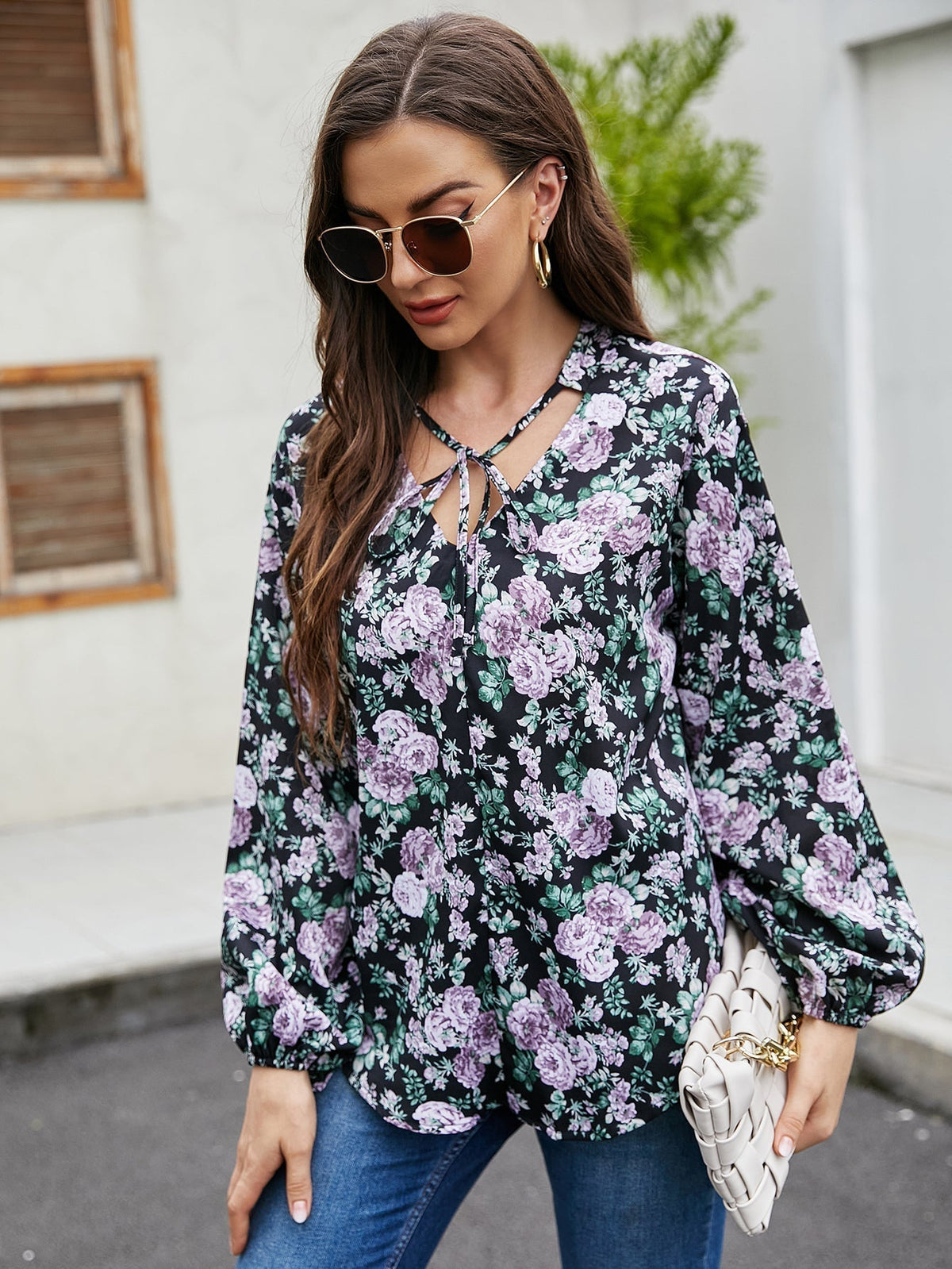KittenAlarm - Floral Lantern Sleeve Loose Casual Top