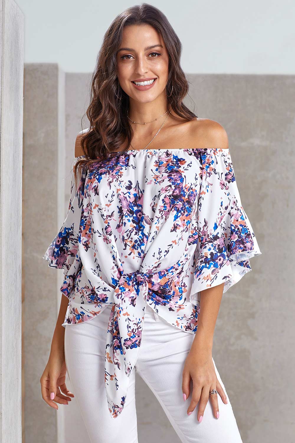 Floral Off-the-shoulder Tie-front Blouse - Mislish