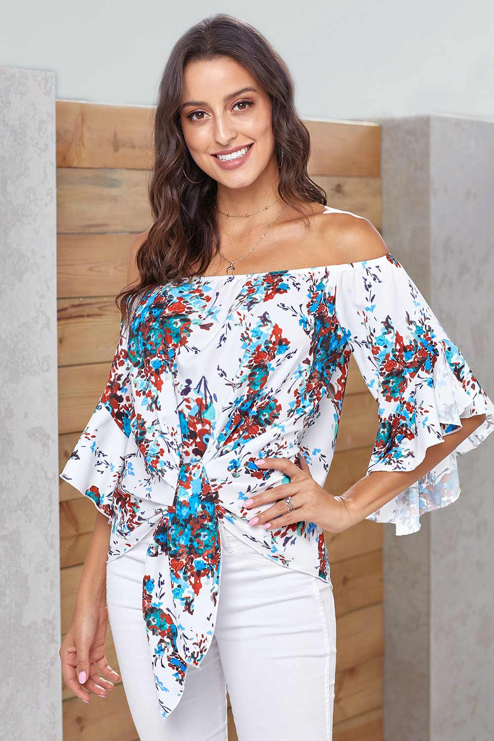 Floral Off-the-shoulder Tie-front Blouse