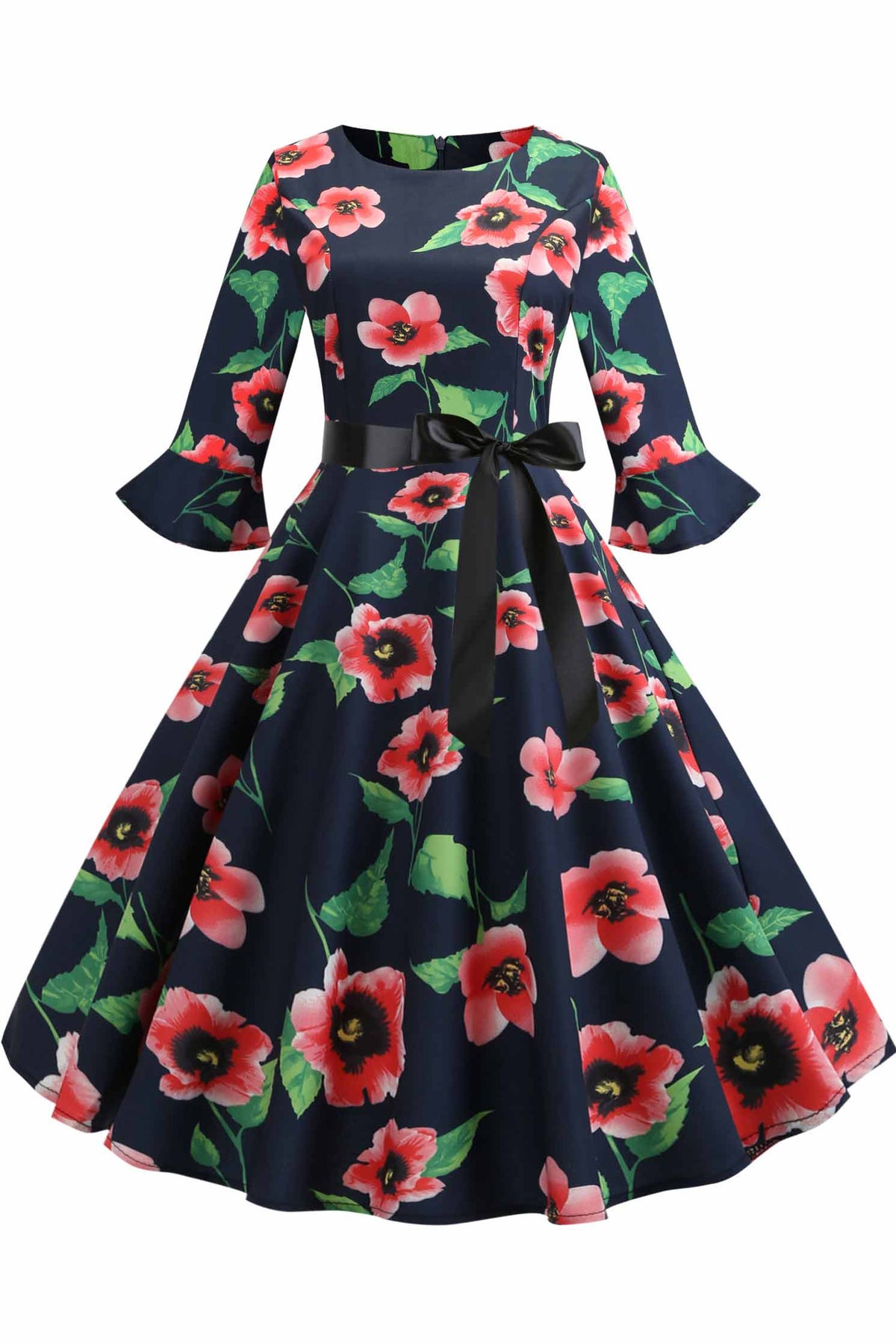 Floral Print Boatneck A-line Dress - Mislish