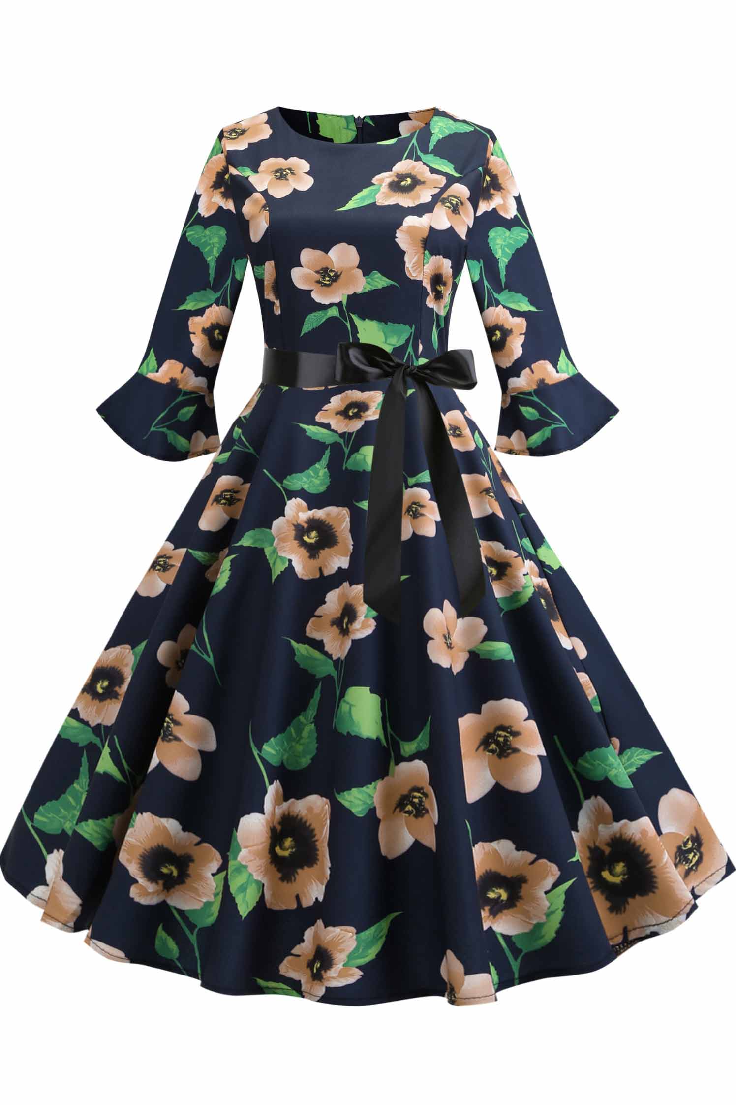 Floral Print Boatneck A-line Dress - Mislish