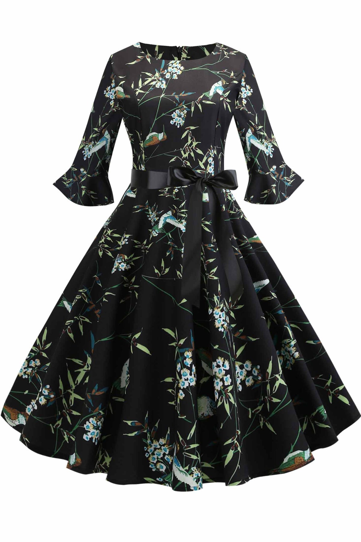 Floral Print Boatneck A-line Dress - Mislish