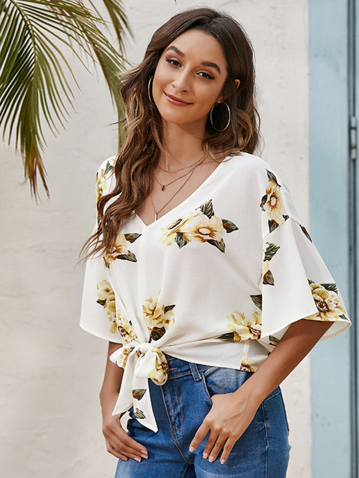 KittenAlarm - Floral Print Deep V Neck Knot Front Batwing Sleeve Tee Shirt