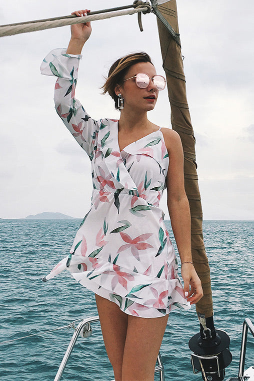 Floral Print Falbala V Neck Short Dress